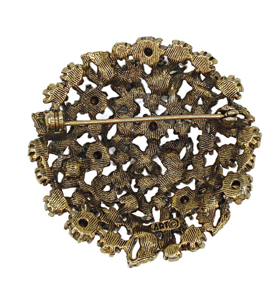 Signed ART Brooch 2" Multi Color Stones Flowers Gold Tone