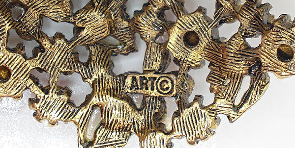 Signed ART Brooch 2" Multi Color Stones Flowers Gold Tone