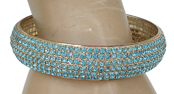 Prong Set Gold Tone Aqua Rhinestone Bangle Bracelet