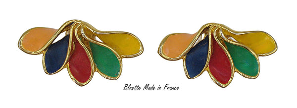 Bluette Colorful Enamel Petals Shoe Clips Gold Tone Made in France 2"