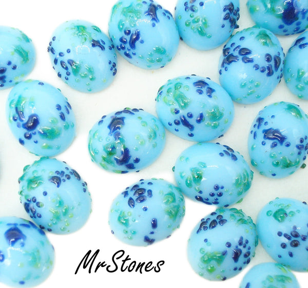 10x8mm (1685) Turquoise Glass Frit Bumpy Speckles Green Dark Blue Oval Cabochon