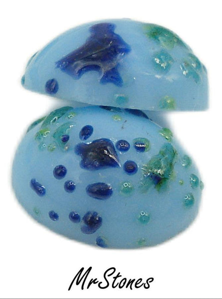 10x8mm (1685) Turquoise Glass Frit Bumpy Speckles Green Dark Blue Oval Cabochon