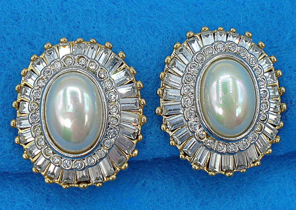 Dressy Clip on 1" Earrings Crystal Baguettes Oval Faux Pearl Cab Gold Tone