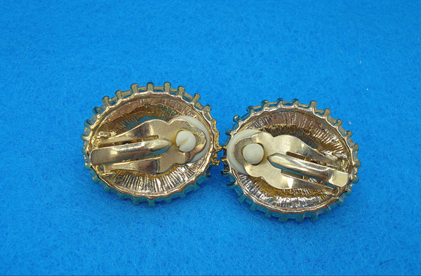 Dressy Clip on 1" Earrings Crystal Baguettes Oval Faux Pearl Cab Gold Tone