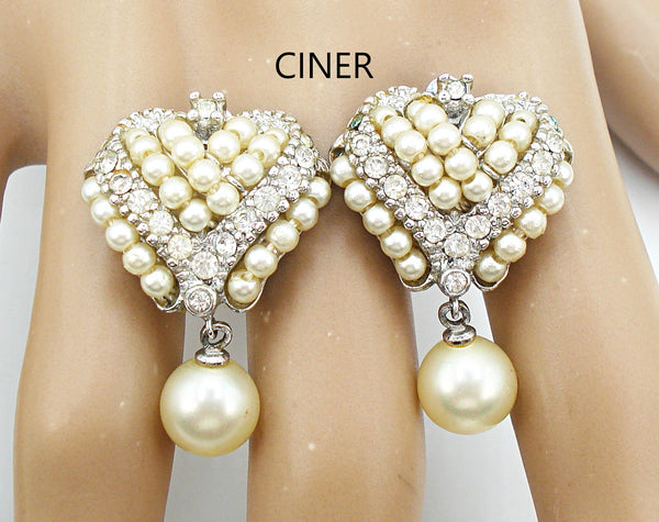 Ciner Earrings Crystal Rhinestones Faux Pearls Dangles 1"