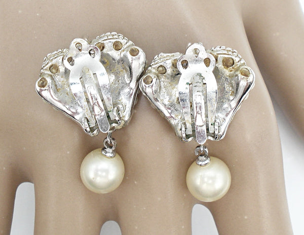 Ciner Earrings Crystal Rhinestones Faux Pearls Dangles 1"