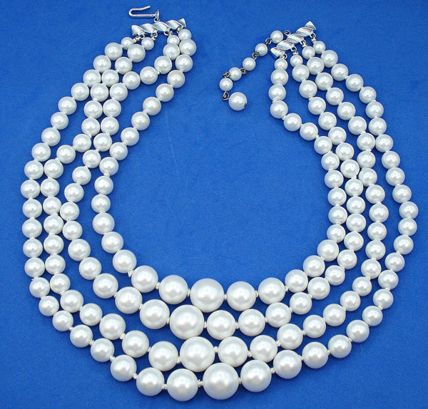 Japan 4 Strand Graduated Glass White Faux Pearl Knotted Necklace 16-20"