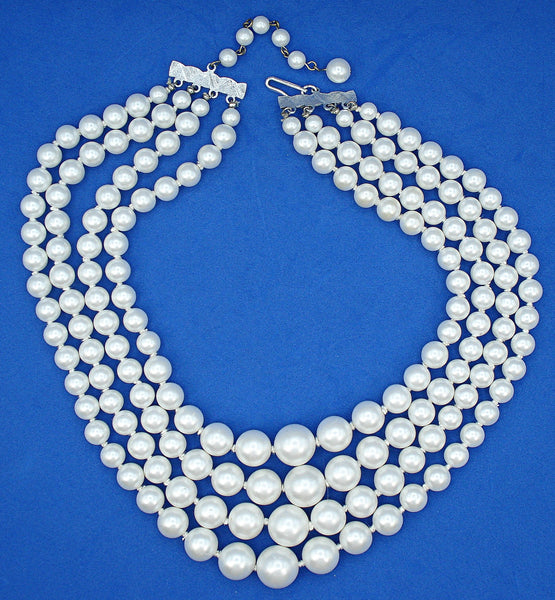 Japan 4 Strand Graduated Glass White Faux Pearl Knotted Necklace 16-20"