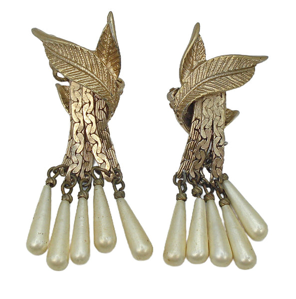 Gold Tone Leaf Earrings Flat Chain 5 Glass Pearl Dangles 2"