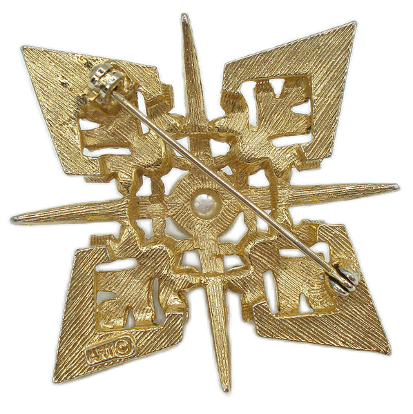 Signed ART Brooch Gold Tone Detail Star Pearls Rhinestones Turquoise Balls 2 3/8"