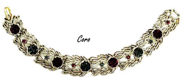 Coro Bracelet Gold Tone Flower Accents Alternating Black Diamond Siam Rhinestones