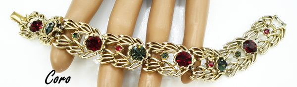 Coro Bracelet Gold Tone Flower Accents Alternating Black Diamond Siam Rhinestones