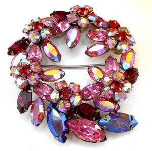 JULIANA Brooch Wreath Red and Pink AB Rhinestones Marquises