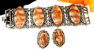 SELRO ? or Style Chunky Set Wide Bracelet and Earrings Brown Wood Like Lucite