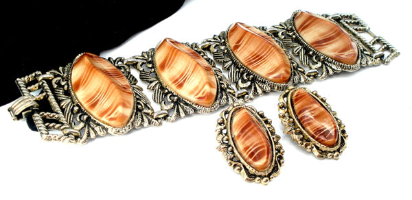 SELRO ? or Style Chunky Set Wide Bracelet and Earrings Brown Wood Like Lucite