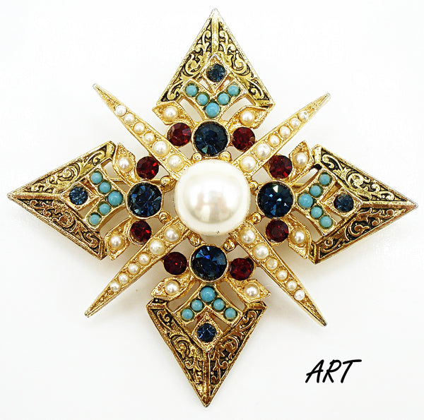 Signed ART Brooch Gold Tone Detail Star Pearls Rhinestones Turquoise Balls 2 3/8"