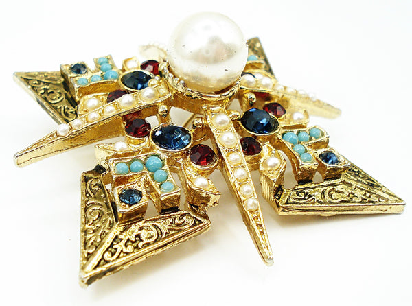 Signed ART Brooch Gold Tone Detail Star Pearls Rhinestones Turquoise Balls 2 3/8"