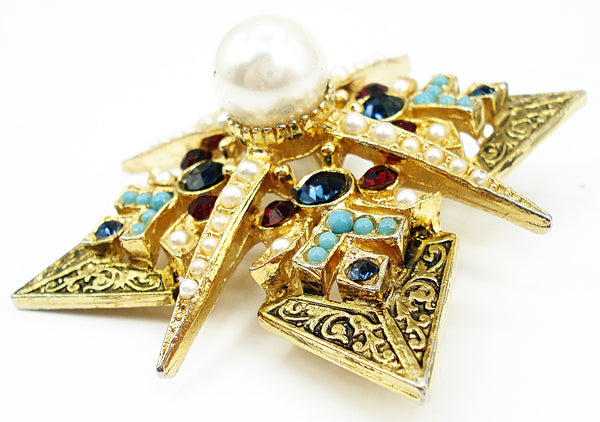 Signed ART Brooch Gold Tone Detail Star Pearls Rhinestones Turquoise Balls 2 3/8"