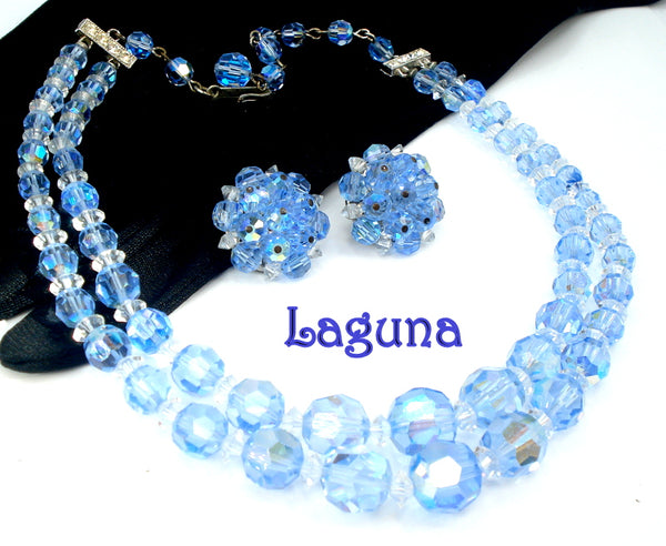 LAGUNA Set Necklace and Earrings 2 Strand Glass Light Sapphire AB Beaded