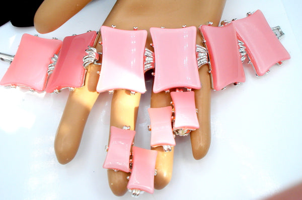 Set- Pink Moonstone Lucite Panels Chunky Bracelet Earrings