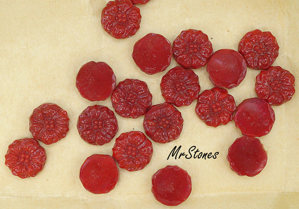 15mm Glass Flower Carved Dark Red Coral Flat Back West Germany