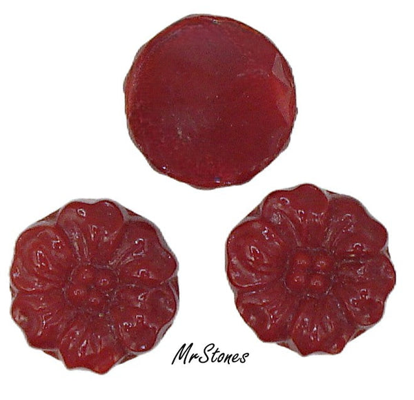 15mm Glass Flower Carved Dark Red Coral Flat Back West Germany