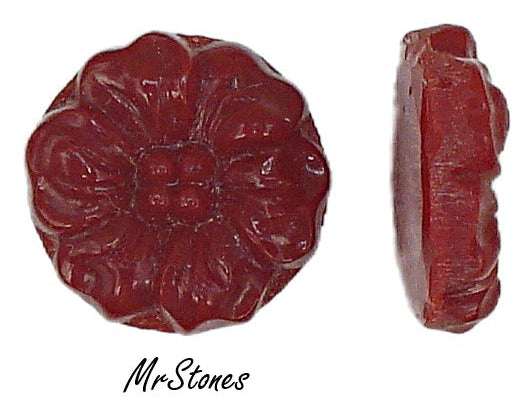 15mm Glass Flower Carved Dark Red Coral Flat Back West Germany