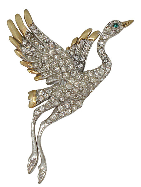 Brooch Bird in Flight Crystal Rhinestones Silver/Gold Tone Green Eye 2 3/4"