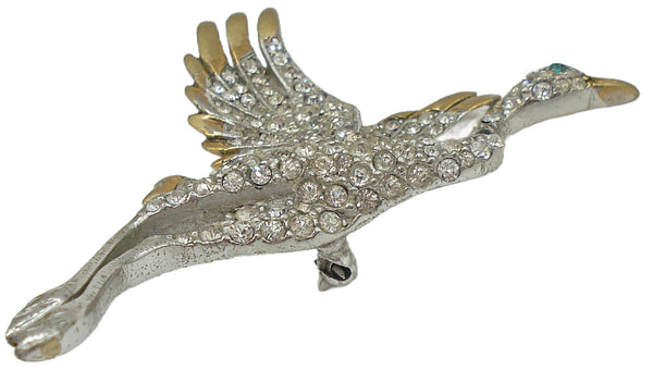 Brooch Bird in Flight Crystal Rhinestones Silver/Gold Tone Green Eye 2 3/4"
