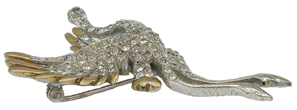 Brooch Bird in Flight Crystal Rhinestones Silver/Gold Tone Green Eye 2 3/4"