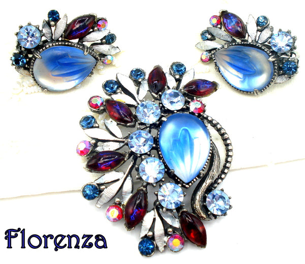 FLORENZA Set Bi-Color Brooch Earrings Blues Reds Frosted Matte Givre'