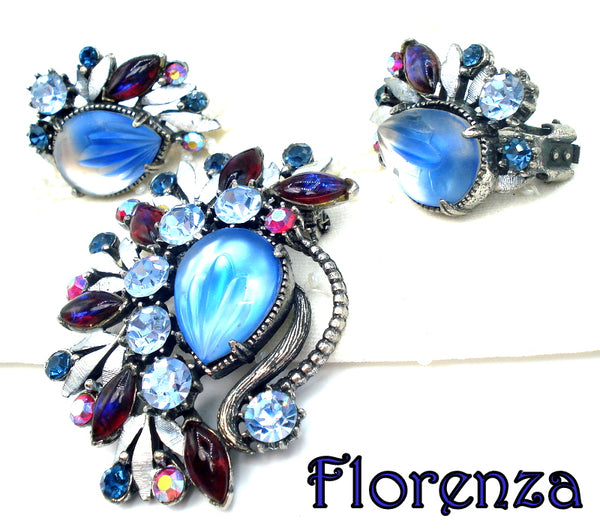 FLORENZA Set Bi-Color Brooch Earrings Blues Reds Frosted Matte Givre'