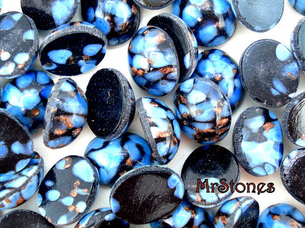 10x8mm (1685) Blue Turquoise Matrix Black Copper Glitter Veins Oval Glass Cabochon