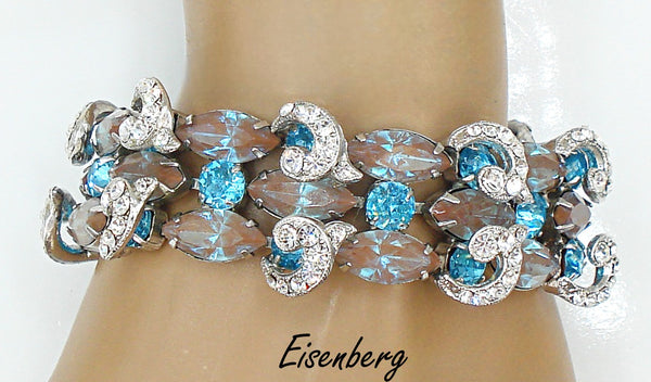 Eisenberg Bracelet Sappharines with Swarovski Aquamarine Dentelles 7" x 1"