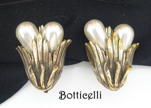 BOTTICELLI- Earrings Pear Pearls in Leaves 1" Antiqued Gold Tone