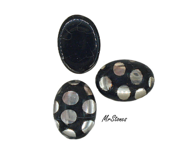 18x13mm (1685) Jet Black Silvery White Polka Dot Clear Oval Cabochon
