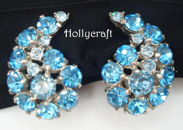 HOLLYCRAFT-Signed Earrings Bohemian Aqua Rhinestone Paisley Shape
