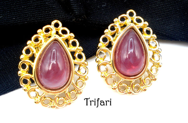 TRIFARI-Vintage Post Earrings Gold Tone Glass Flawed Ruby Pear Cabochon 1"