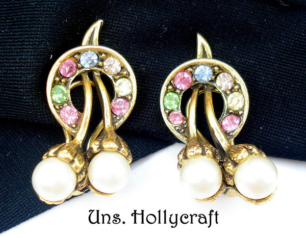 HOLLYCRAFT~Unsigned Earrings Pastel Rhinestones Faux Pearls
