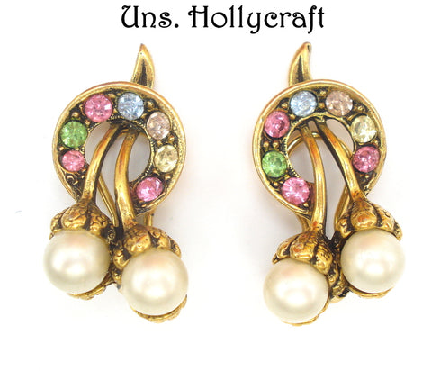 HOLLYCRAFT~Unsigned Earrings Pastel Rhinestones Faux Pearls