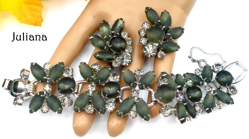 JULIANA Set~Bracelet Earrings Frosted Black Diamond Rhinestones