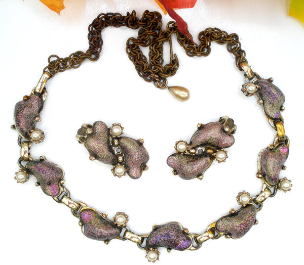 SET-Necklace Earrings Iridescent Kidney Shape Stones Faux Pearls