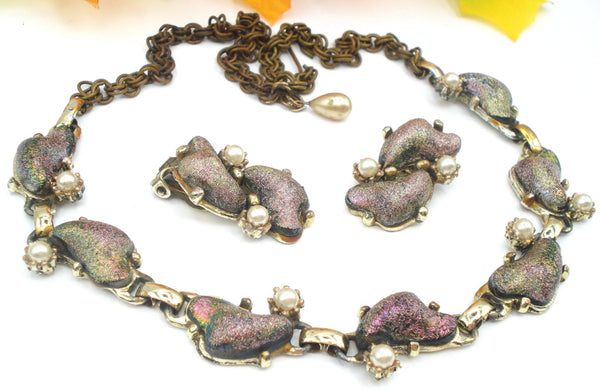 SET-Necklace Earrings Iridescent Kidney Shape Stones Faux Pearls