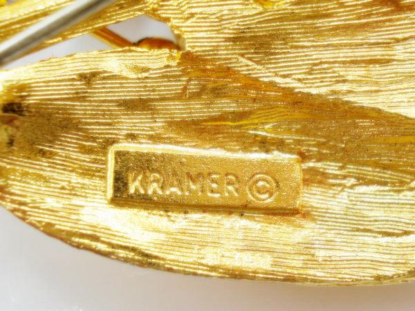 KRAMER-Brooch Weighty Leaf Baroque Pearls Crystal Rhinestones 3.5"