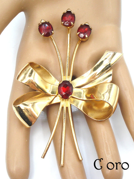CORO-Brooch 3.5" Long Stemmed Floral Big Shiny Bow Siam Ovals