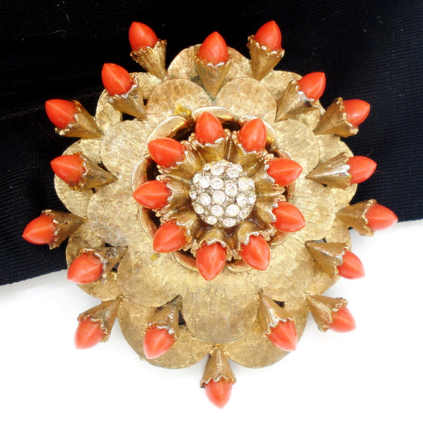 Brooch~ Brushed Gold Tone Layered Flower Coral Lentels Crystal Rhinestones
