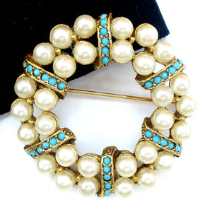 BROOCH-Wreath Design Faux Pearls Turquoise Rhinestones 1 3/4"