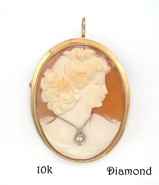 TESTED 10K/DIAMOND Cameo Pendant Pin 1 1/4" Pretty Lady with Necklace On