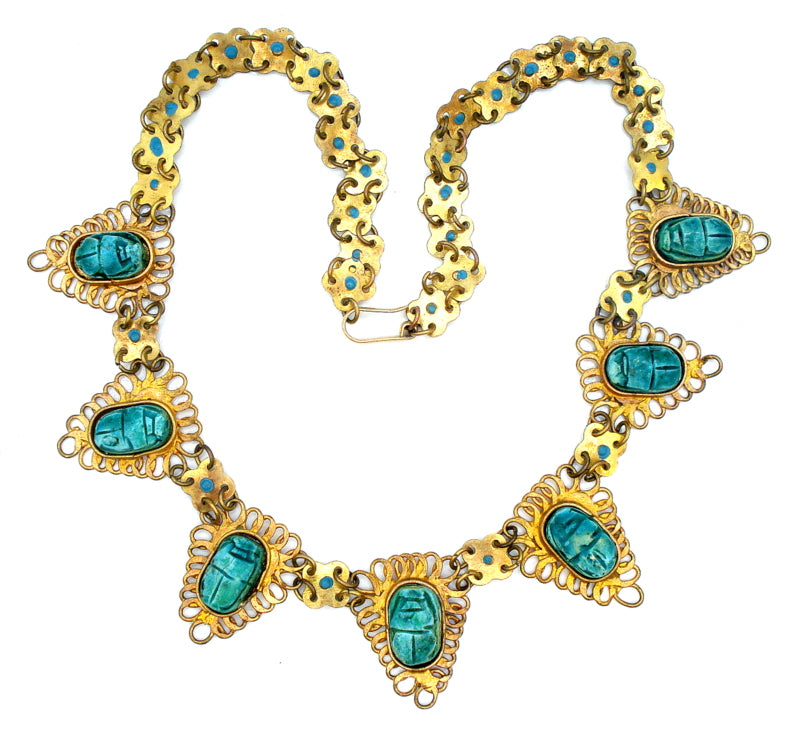 NECKLACE- Egyptian Revival Necklace Brass Glass Green Turquoise Scarabs 18"