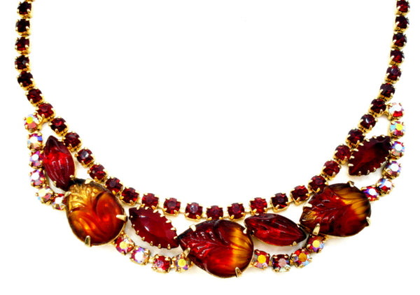 NECKLACE-Bi-Color Ruby Jonquil Leaves AB Rhinestones 15" x 3/4"